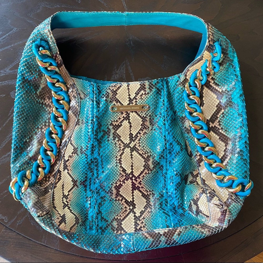 Michael Kors Turquoise/Beige/Brown Hobo Bag Python And Suede EUC
